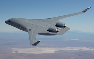 Shown is a rendering of the blended wing body prototype aircraft. On Aug. 16, 2023, the Department of the Air Force selected JetZero for the BWB prototype aircraft project. The effort aims to mature BWB technology and demonstrate its capabilities, giving the department and commercial industry more options for future air platforms. (U.S. Air Force graphic)