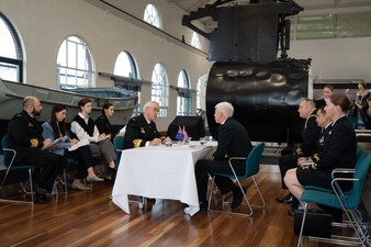 Commander, Australian Fleet, Rear Adm. Christopher Smith and Commander, U.S. 7th Fleet, Vice Adm. Karl Thomas conduct a bilateral discussion at the Royal Australian Navy Heritage Centre onboard HMAS Kuttabul in Sydney, Australia, during Exercise Malabar 2023, August 10.
