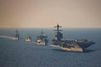 The world's largest aircraft carrier USS Gerald R. Ford (CVN 78), the Blue Ridge-class command ship USS Mount Whitney (LCC 20), Hellenic Navy frigate HS Elli (F450) and Ticonderoga-class guided-missile cruiser USS Normandy (CG 60) steam in formation in the Mediterranean Sea, Aug. 14, 2023.
