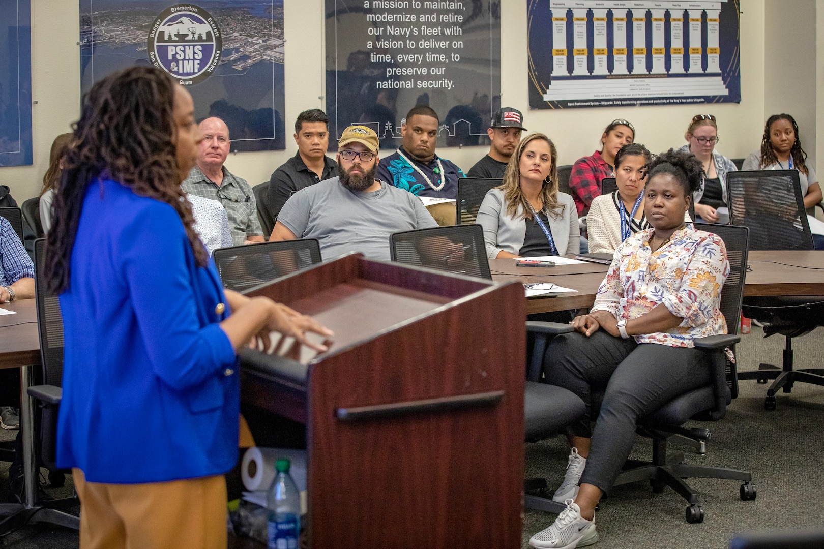 Black, Indigenous and People of Color (BIPOC) Employee Resource Group co-chair Ashley Jackson addresses members of the newly formed ERG Aug. 3, 2023, during its first monthly meeting in the Horseshoe Conference Room in Building 850 at Puget Sound Naval Shipyard & Intermediate Maintenance Facility in Bremerton, Washington. The ERG was formed to be inclusive of multiple cultural groups represented at the shipyard. (U.S. Navy photo by Scott Hansen)