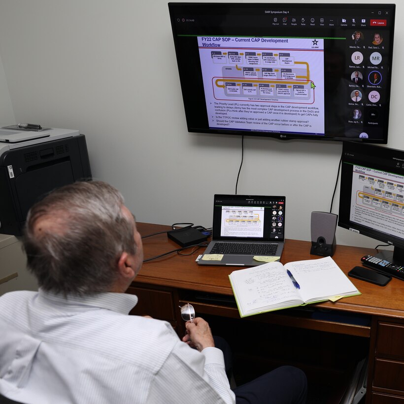 U.S. Army Corps of Engineers (USACE) Galveston District Internal Review (IR) Chief Bert Hervey virtually attends a Dept. of the Army IR symposium in his office at District Headquarters, Aug. 11, 2023. The symposium spanned four days, with topics aimed at improving Regulatory Internal Controls and providing audits and corrective action for deficiencies created by the pandemic.