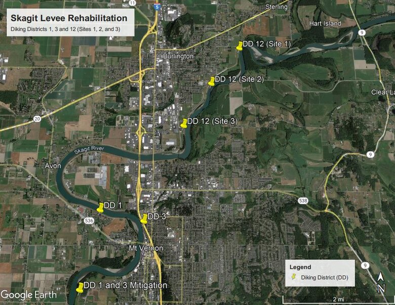 Map of levee repair sites on Skagit River