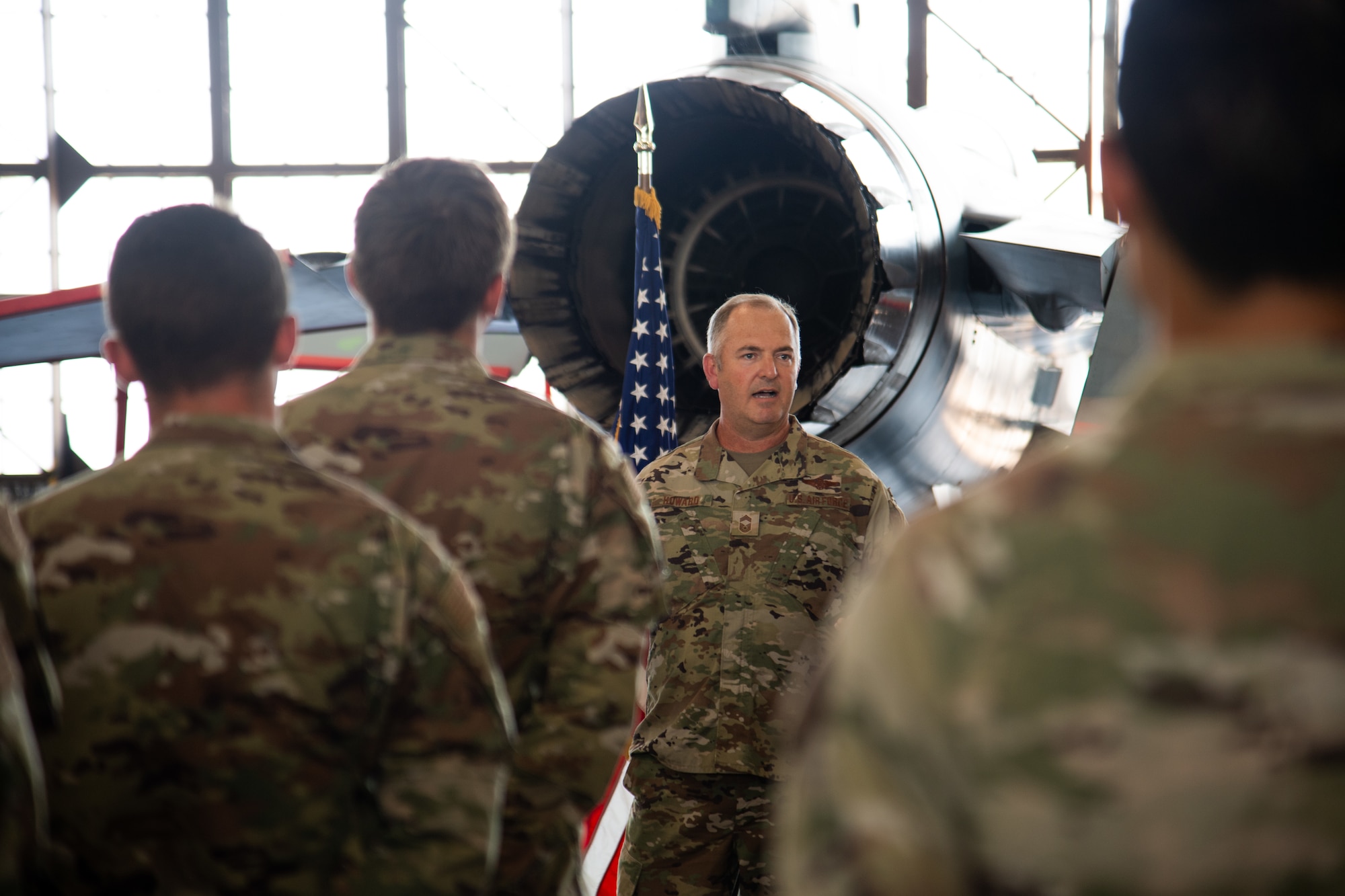 Chief Master Sgt. Jason Howard speaks at his promotion ceremony at Sheppard Air Force Base, Texas, August 4, 2023. Howard is an Active Guard Reservist of the Texas Air National Guard. (U.S. Air Force photo by Airman 1st Class Katie McKee)