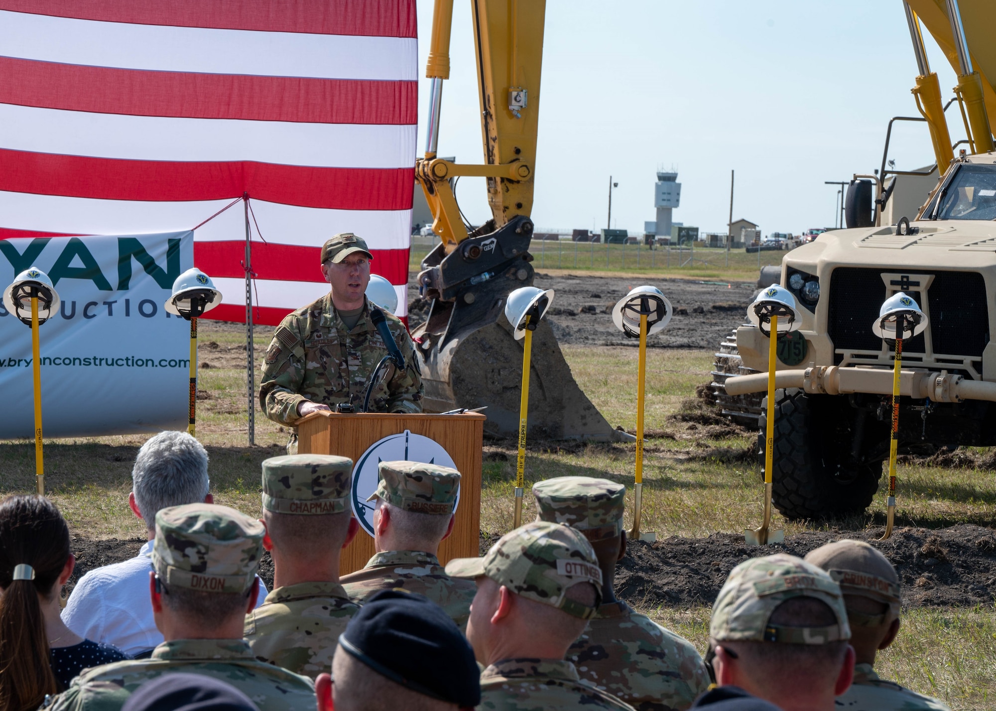 Col. Daniel Hoadley, 5th Bomb Wing commander, gives remarks at the groundbreaking ceremony for the 54th Helicopter Squadron’s new facility Aug. 16, 2023, at Minot Air Force Base, North Dakota. The new facility will house the incoming MH-139 Grey Wolf, which will replace the current UH-1N Iroquois. (U.S. Air Force photo by Senior Airman Evan Lichtenhan)