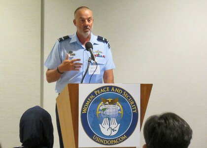 HONOLULU (Aug. 14, 2023) Air Commodore, Chris Robson, US Indo-Pacific Command, Deputy Director for Strategy and Women, Peace, and Security (WPS), provides opening remarks at the inaugural Indo-Pacific Regional Military Gender Advisor Course. The course is part of a 5-year initiative by the USINDOPACOM Office of WPS to develop a network of certified military Gender Advisors within the Indo-Pacific. (U.S. Navy photo by Commander Matthew P. Galan)