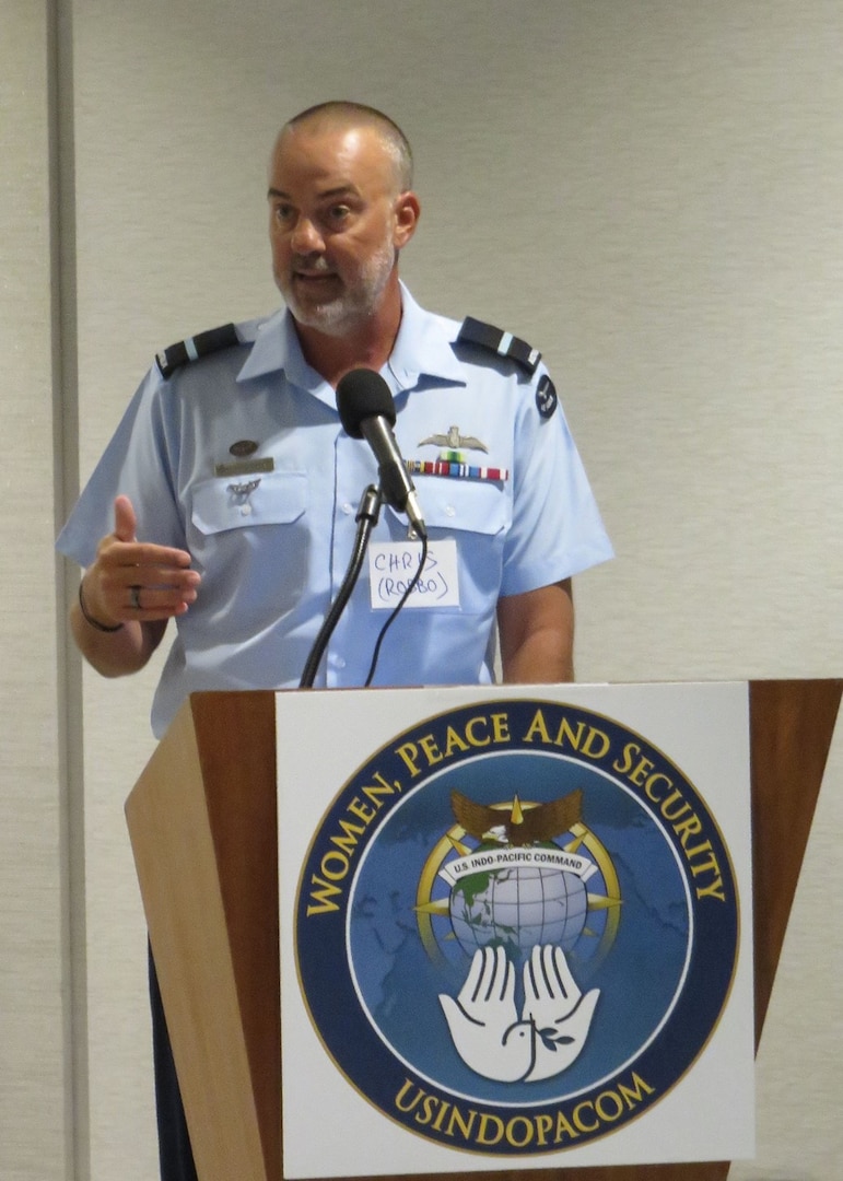 HONOLULU (Aug. 14, 2023) Air Commodore, Chris Robson, US Indo-Pacific Command, Deputy Director for Strategy and Women, Peace, and Security (WPS) senior representative, provides opening remarks at the inaugural Indo-Pacific Regional Military Gender Advisor Course. The course is part of a 5-year initiative by the USINDOPACOM Office of WPS to develop a network of certified military Gender Advisors within the Indo-Pacific. (U.S. Navy photo by Commander Matthew P. Galan)