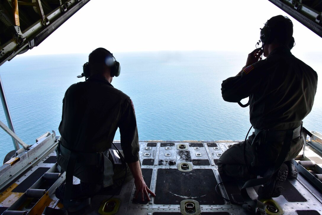 An aircrew for Airstation Clearwater conducts a search for Andre Nolasco off the coast of Port Richey, Florida, Aug. 16, 2023. The Coast Guard suspended its search for the missing man after searching more than 1,514 square miles over three days. (U.S. Coast Guard photo by Petty Officer 3rd Class Santiago Gomez.)