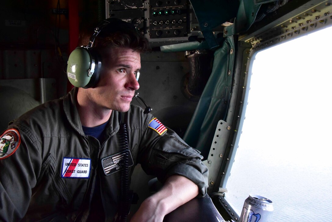 An aircrew for Airstation Clearwater conducts a search for Andre Nolasco off the coast of Port Richey, Florida, Aug. 16, 2023. The Coast Guard suspended its search for the missing man after searching more than 1,514 square miles over three days. (U.S. Coast Guard photo by Petty Officer 3rd Class Santiago Gomez.)