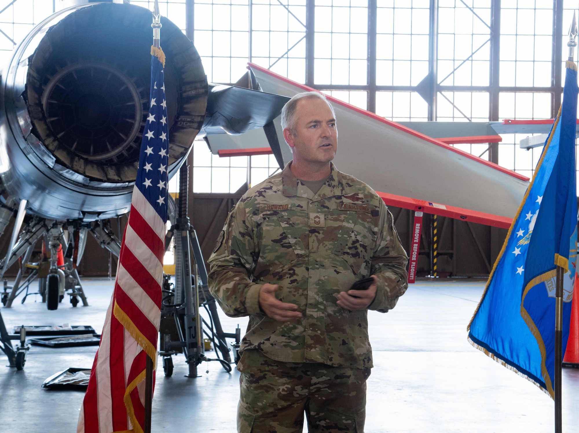 Chief Master Sgt. Jason Howard speaks at his promotion ceremony at Sheppard Air Force Base, Texas, August 4, 2023. Howard is an Active Guard Reservist of the Texas Air National Guard. (U.S. Air Force photo by Airman 1st Class Katie McKee)