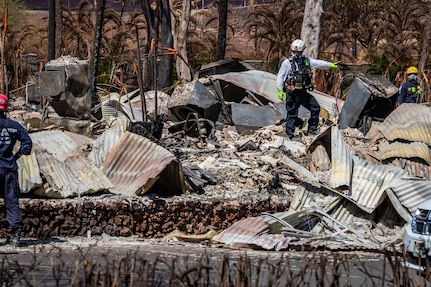 Soldiers perform search, rescue and recovery efforts following wildfires in Maui, Hawaii.