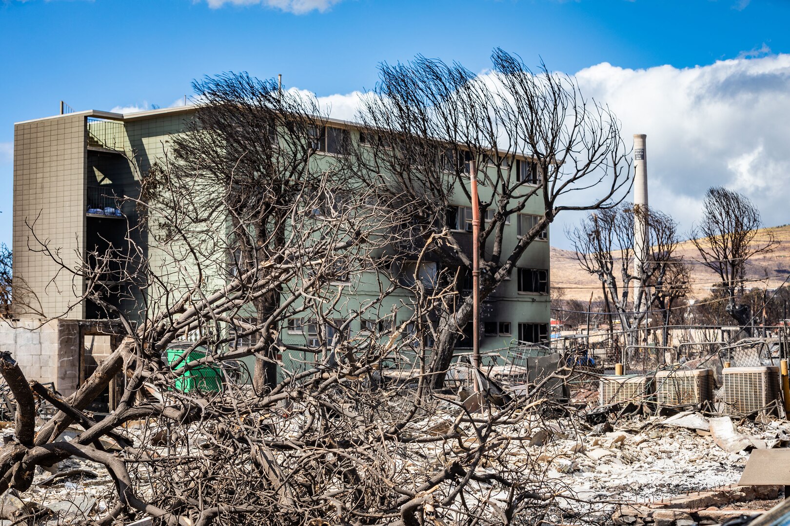 Wildfire-damaged buildings and structures are shown during daylight.