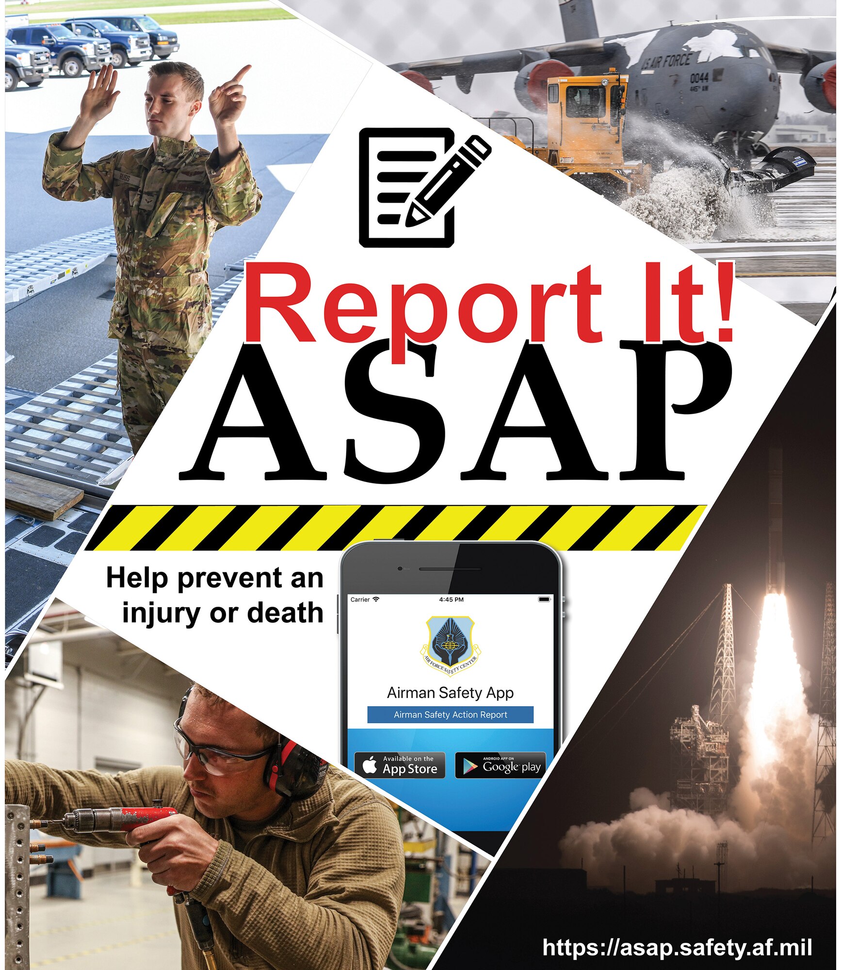 The Air Force has created a new, interactive way for Airmen to report safety and health hazards and to offer risk mitigating solutions. The Airman Safety Action Program (ASAP) is available through the Air Force Connect App via smart phones. (U.S. Air Force graphic by Master Sgt. Patrick O’Reilly)