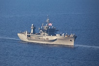 The Blue Ridge-class command ship USS Mount Whitney (LCC 20), steams in the Mediterranean Sea, Aug. 14, 2023. Gerald R. Ford is the U.S. Navy's newest and most advanced aircraft carrier, representing a generational leap in the U.S. Navy's capacity to project power on a global scale. The Gerald R. Ford Carrier Strike Group is on a scheduled deployment in the U.S. Naval Forces Europe area of operations, employed by U.S. Sixth Fleet to defend U.S., allied, and partner interests. (U.S. Navy photo by Mass Communication Specialist 2nd Class Jacob Mattingly)