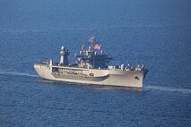 The Blue Ridge-class command ship USS Mount Whitney (LCC 20), steams in the Mediterranean Sea, Aug. 14, 2023. Gerald R. Ford is the U.S. Navy's newest and most advanced aircraft carrier, representing a generational leap in the U.S. Navy's capacity to project power on a global scale. The Gerald R. Ford Carrier Strike Group is on a scheduled deployment in the U.S. Naval Forces Europe area of operations, employed by U.S. Sixth Fleet to defend U.S., allied, and partner interests. (U.S. Navy photo by Mass Communication Specialist 2nd Class Jacob Mattingly)