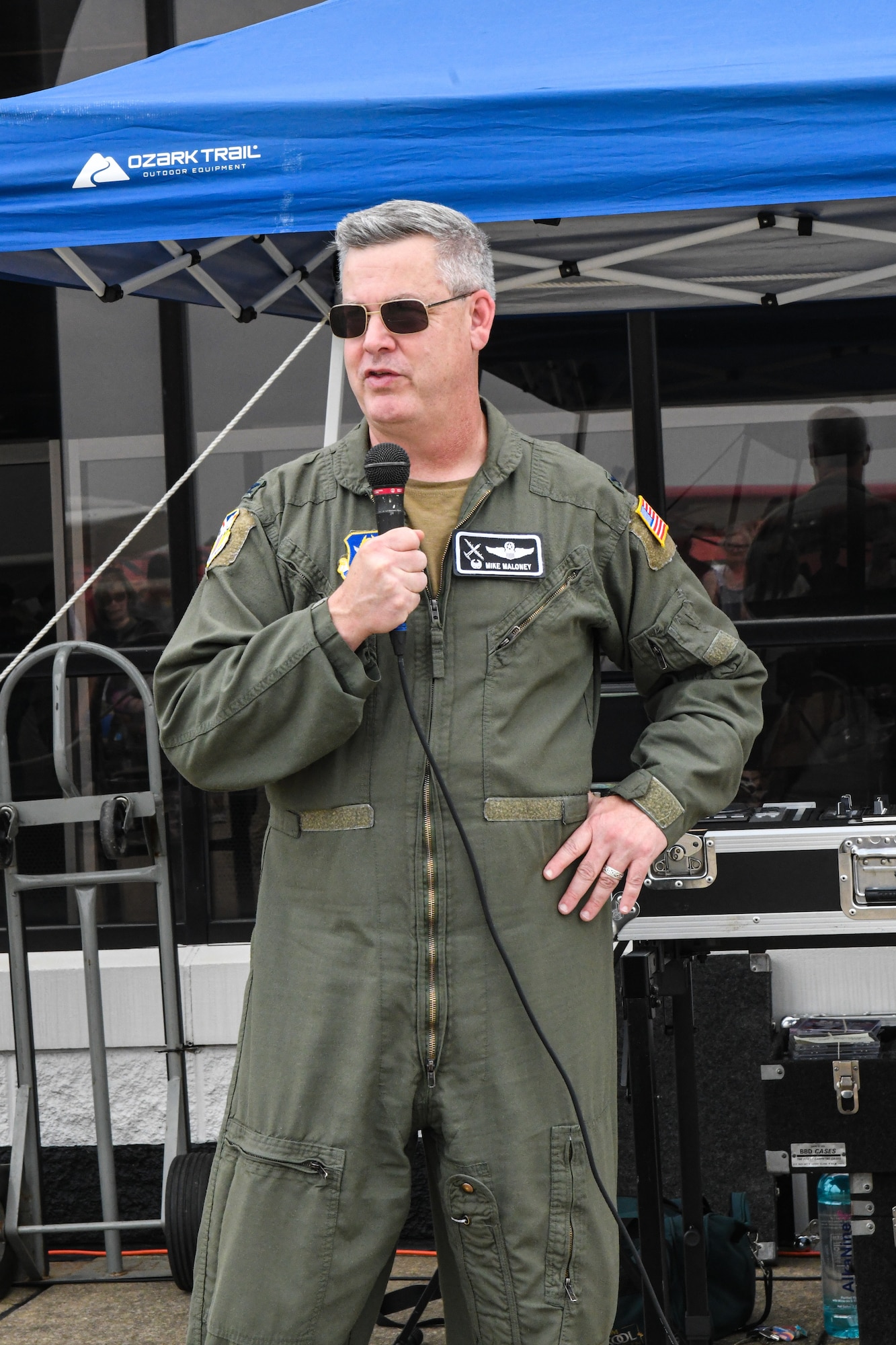 Col. Michael Maloney, 910th Airlift Wing commander, speaks to event guests, Aug. 6, 2023, at the Wings and Wheels Fly-In and Car Show at Youngstown-Warren Regional Airport, Ohio.
