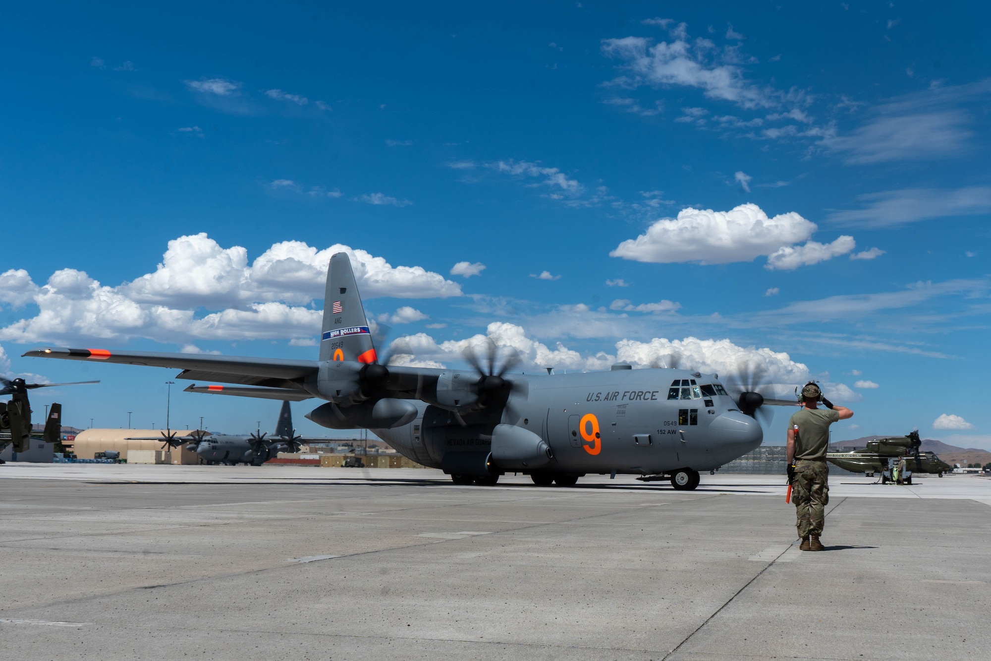 A Nevada Air National Guard Modular Airborne Fire Fighting System C-130 assigned to the 152nd Airlift Wing takes off from Nevada Air National Guard Base, Reno, for Klamath Falls, oregon, Aug. 16, 2023. The MAFFS aircraft is helping to fight wildfires in several western states.