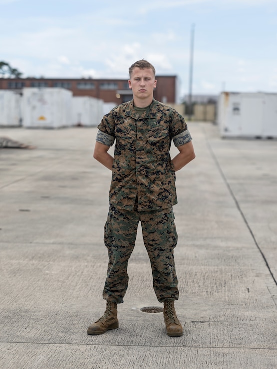 U.S. Marine Corps Sgt. Jarid Fowle, an aviation precision-measurement equipment technician with Marine Aviation Logistics Squadron (MALS) 14, poses for a photo at Marine Corps Air Station Cherry Point, North Carolina, July 26, 2023. Fowle was selected for the Commandant’s Retention Program and reenlisted in the Marine Corps to give back to his Marines. MALS-14 is a subordinate unit of 2nd Marine Aircraft Wing, the aviation combat element of II Marine Expeditionary Force. (U.S. Marine Corps photo by Cpl. Christian Cortez)