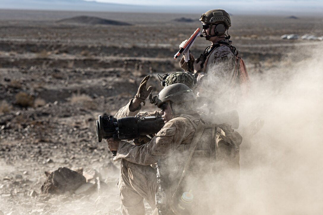 U.S. Marines with 2d Battalion, 8th Marine Regiment, participates in a platoon live-fire maneuver on range 410A as a part of a Service Level Training Exercise (SLTE) on Marine Corps Air-Ground Combat Center, Twentynine Palms, California, July 29, 2023. The SLTE is a series of exercises designed to prepare Marines for future operations around the globe and to enhance the combat readiness for all elements of the Marine Air Ground Task Force. (U.S. Marine Corps photo by Lance. Joshua Kumakaw)