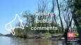 A photo of Wacouta Bay with white text over it that reads "Seeking public comments"