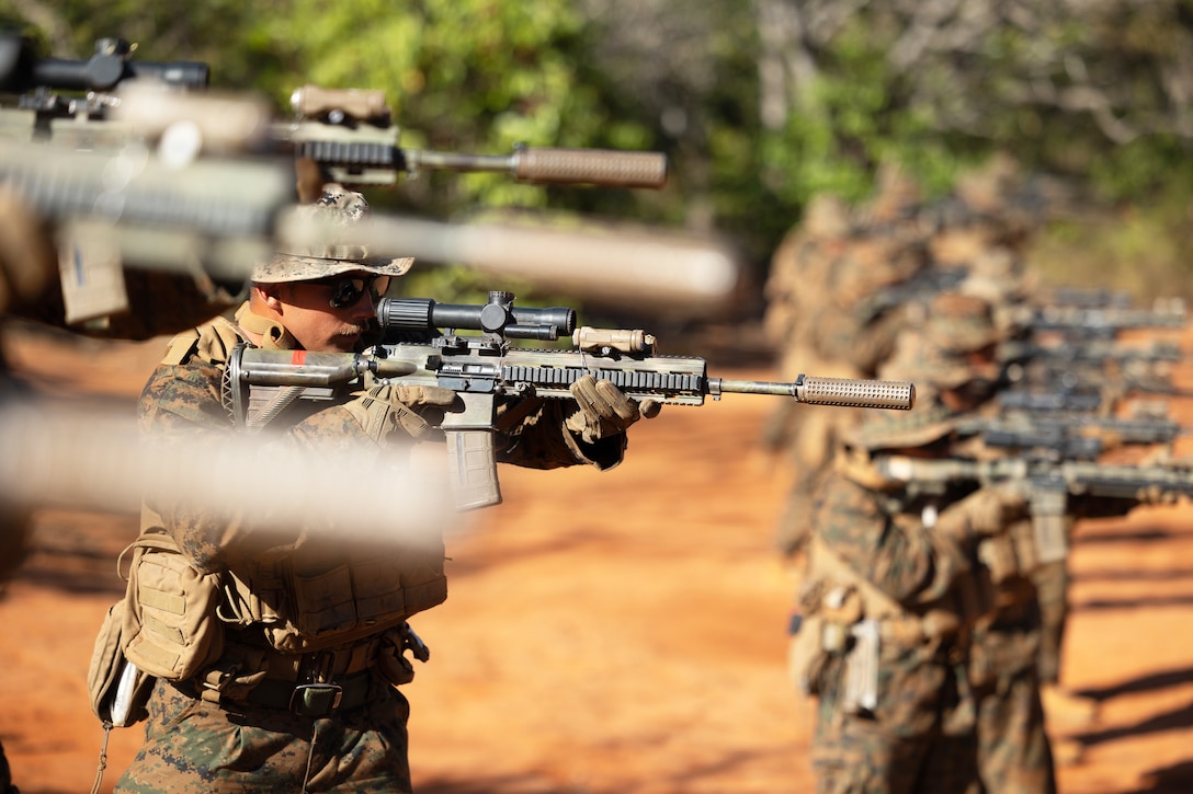 U.S. Marine Cpl. Justin Goupil with Echo Company, 2nd Battalion, 5th Marine Regiment, conducts speed and tactical reload drills, Aug. 10, 2023, at the Base Expedicionária de Fuzileiros Navais in Formosa, Brazil, during the Corpo de Fuzileiros Navais’ (Brazilian Marine Corps’) annual Infantry Training Exercise Formosa. Exercise Formosa offers an ideal platform for the armed forces of multiple nations to enhance their interoperability, conduct joint military operations, and exchange invaluable insights on tactics and strategies. With the backdrop of an ever-changing global security landscape, the participation of the United States Marine Corps and militaries from multiple nations shows commitment to regional security and partnership. Goupil is from San Clemente, California.
(U.S. Marine Corps photo by Gunnery Sgt. Daniel Wetzel)
