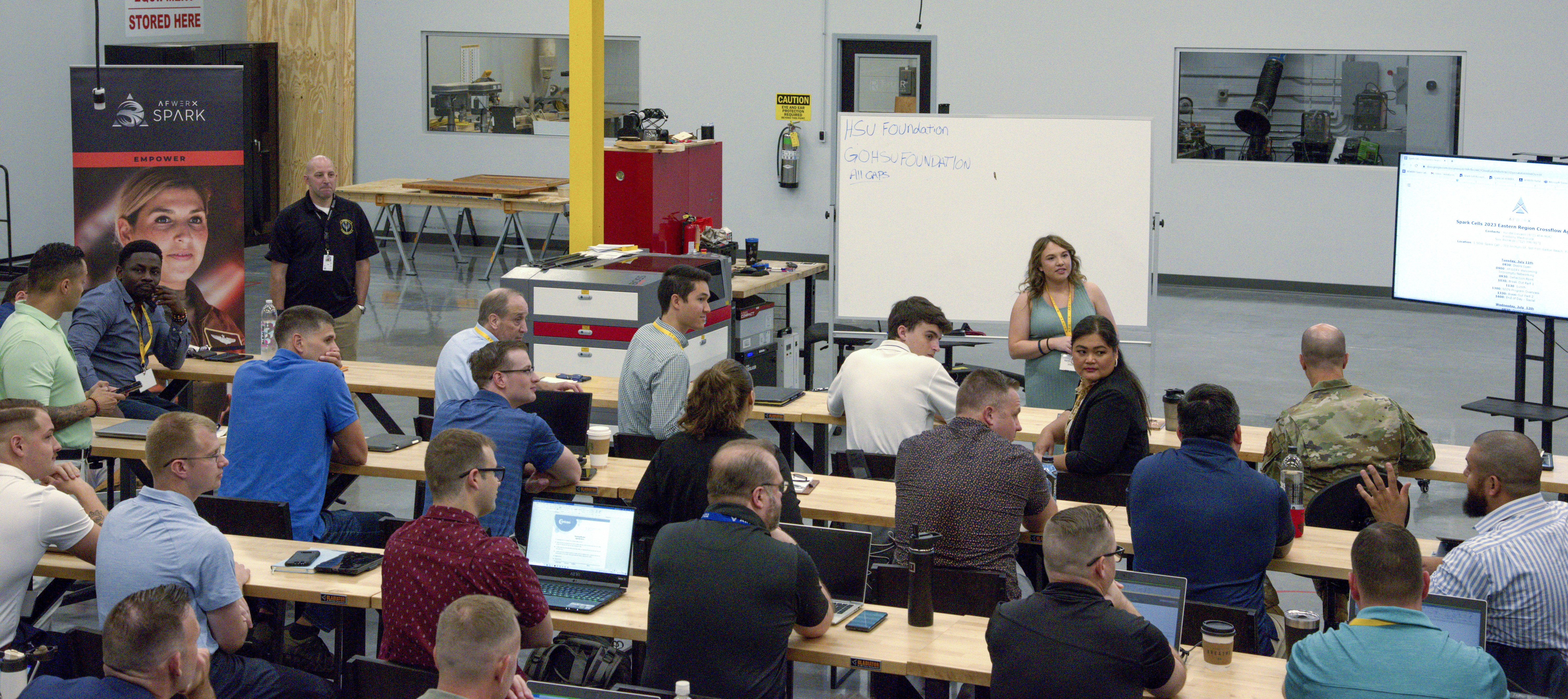 The 1st Special Operations Wing Spark Cell hosts the eastern Crossflow event at Hurlburt Field, Florida, July 11, 2023. More than 50 Airmen attended to connect, collaborate and learn best practices to further their base innovation program. (U.S. Air Force photo by Kacey Napier)