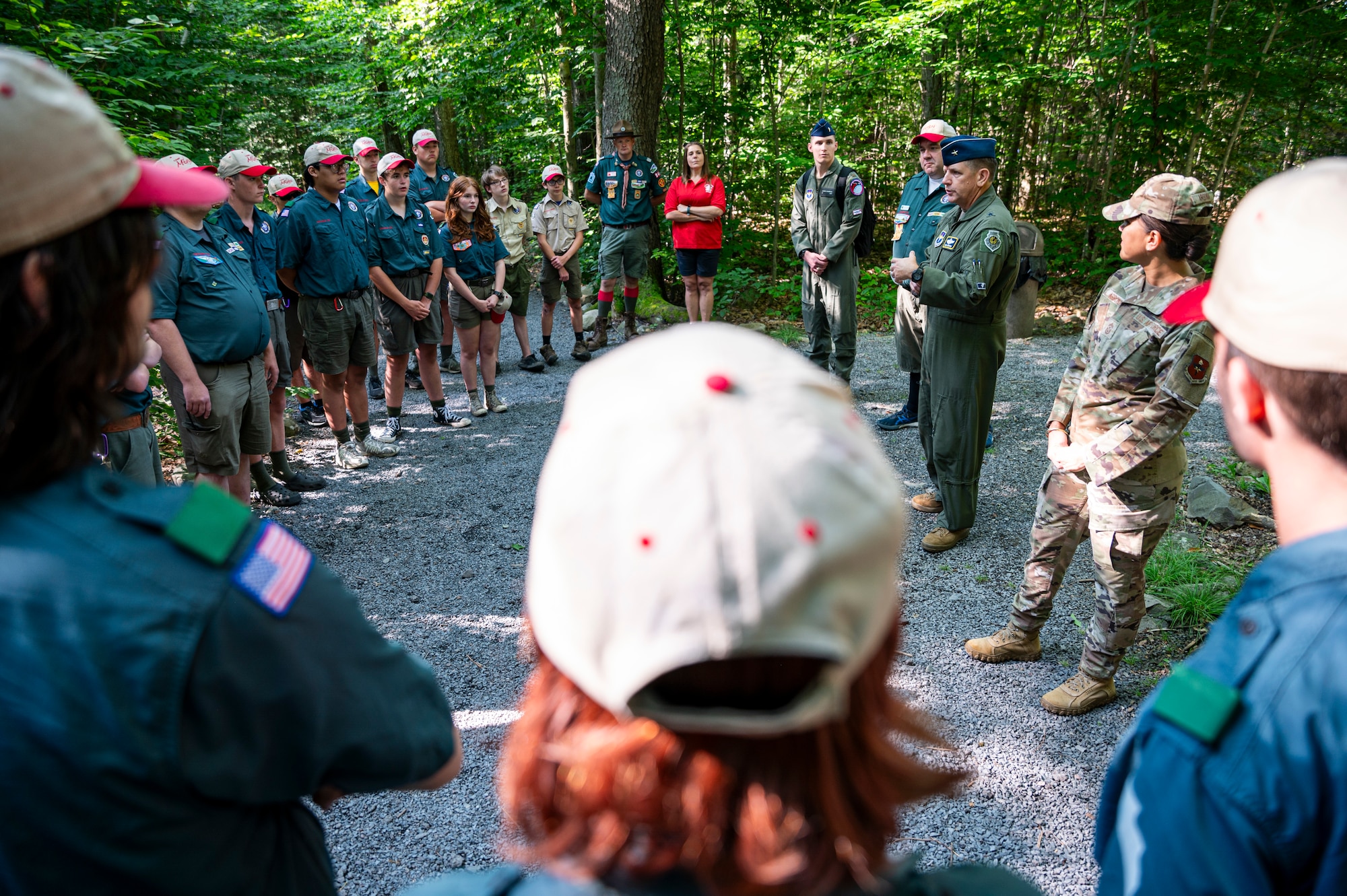 U.S. Air Force Brig. Gen. Christopher Amrhein, Air Force Recruiting Service commander, speaks to Boy Scouts of America staff and camp counselors at Camp Minsi in Pocono Summit, Penn., July 22, 2023