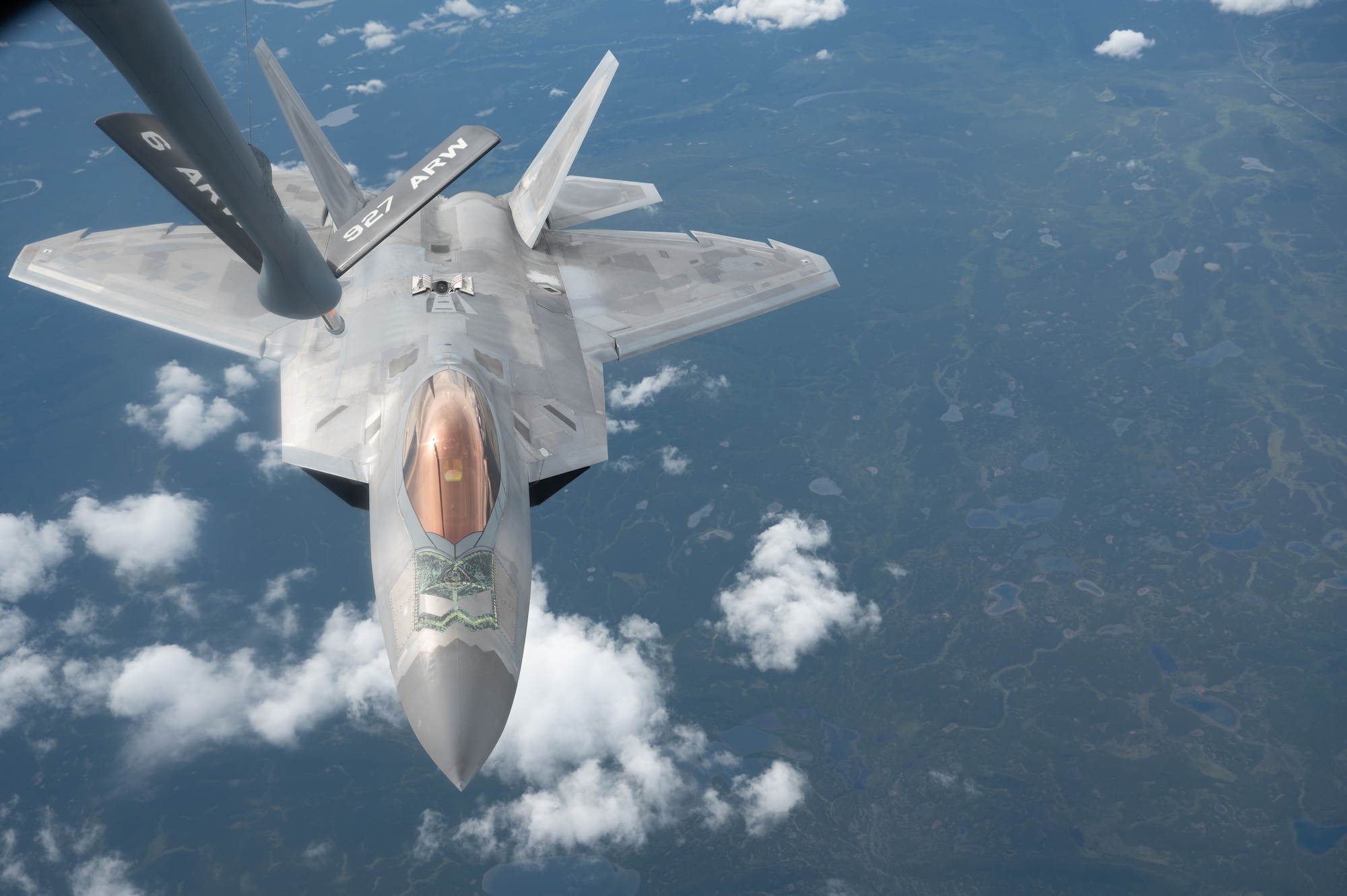 A U.S. Air F-22 Raptor assigned to the 3rd Wing at Joint Base Elmendorf-Richardson detaches from the refueling boom of a KC-135 Stratotanker assigned to the 168th Air Refueling Squadron over the Joint Pacific-Alaska Range Complex during Red Flag-Alaska 23-3, Aug. 15, 2023.