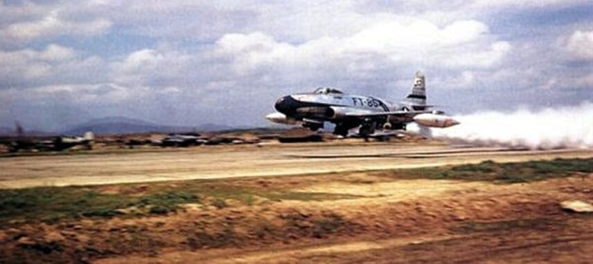 A U.S. Air force F-80C Shooting Star assigned to the 51st Fighter-Interceptor Wing, takes off from Suwon Air Base, Republic of Korea, with the assistance of a JATO bottle circa October 1951. On Dec. 15, 1950, to aid in the defense of the U.S. Army the 51st Fighter-Interceptor Wing flew F-80C Shooting Stars, signifying the start of a week-long close air support mission for the 2nd Infantry Division withdrawal from North Korea. In just three days, the 51 FIW conducted over 750 sorties. (Courtesy photo)