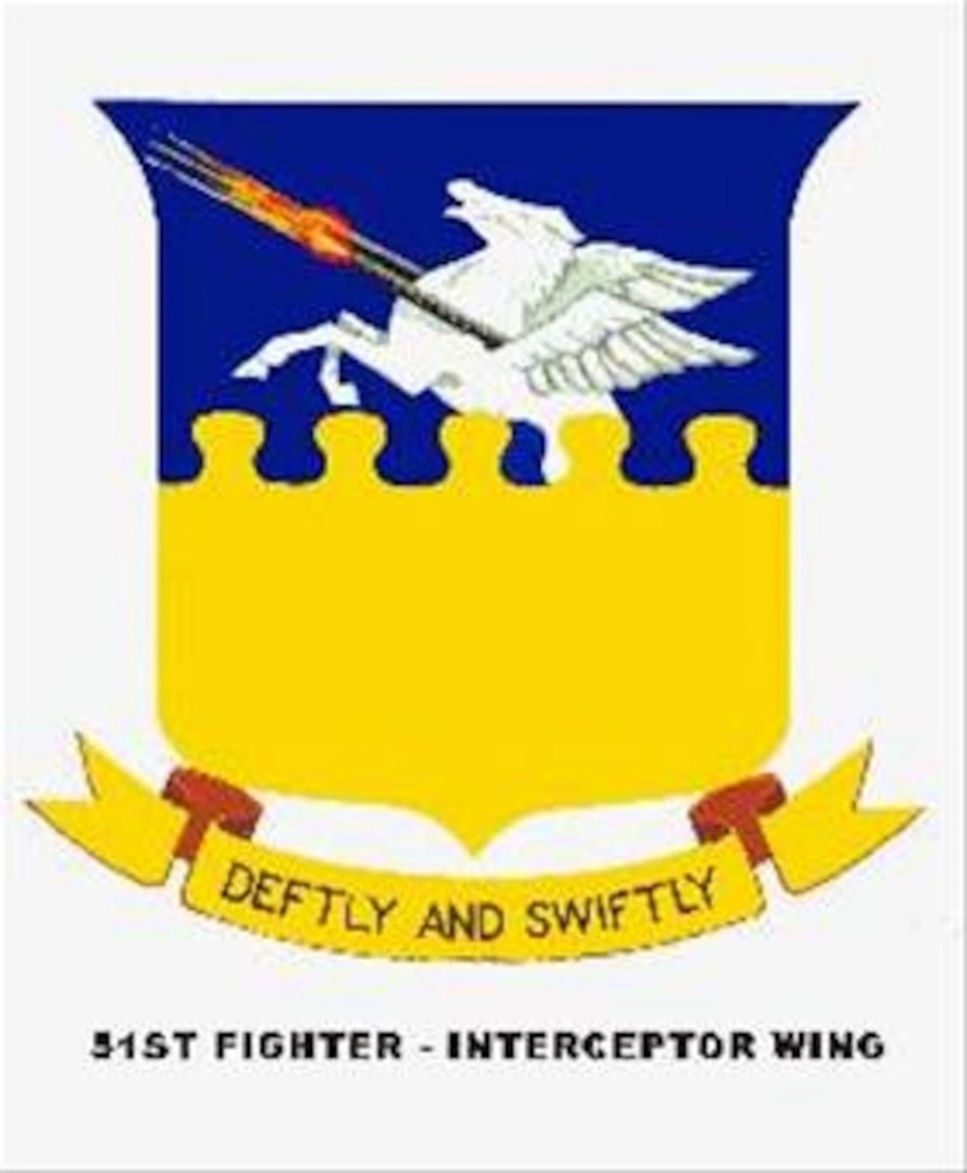 The 51st Fighter-Interceptor Wing emblem embraced Greek mythology, themed with a winged pegasus armed with machine guns in flight. The group commander received permission from Mobil Oil Co. to use its trademarked red pegasus as a basis for their emblem and added a scroll with the motto: Deftly and Swiftly. (Courtesy photo)