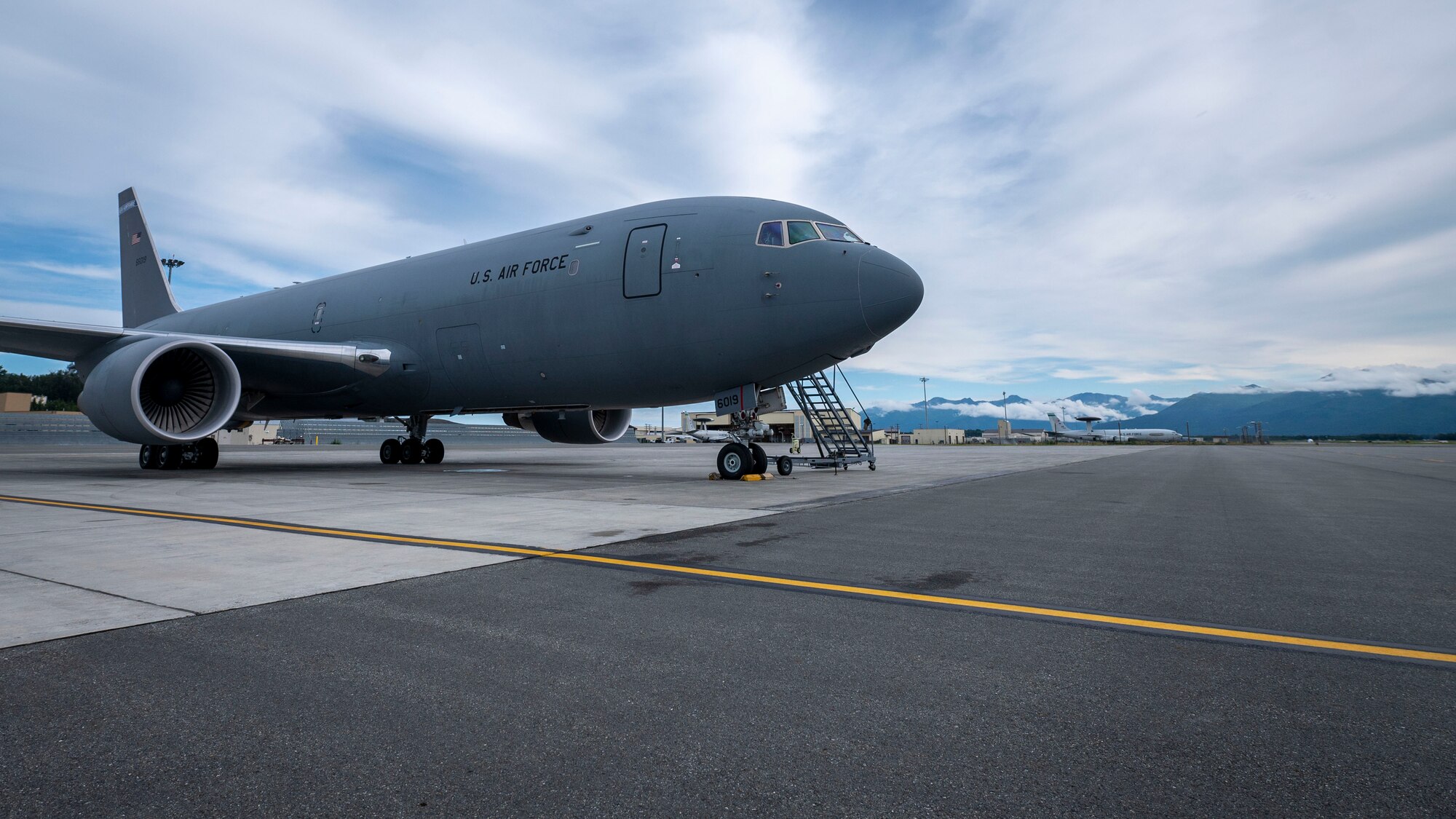 A KC-46 is prepared for flight during Red Flag-Alaska 23-3