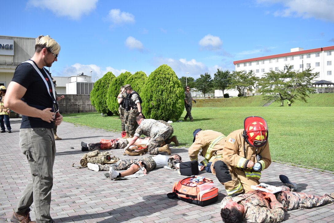 Several key members of Combined Arms Training Center, Camp Fuji, were tested on their response capabilities during Exercise Mamoru, August 17, 2023. The mass casualty exercise was designed to see how Marines and base first responders could potentially help and evacuate wounded individuals at the small installation. Mamoru is a Japanese word, it means - to protect.  (U.S. Marine Corps photo by Song Jordan)