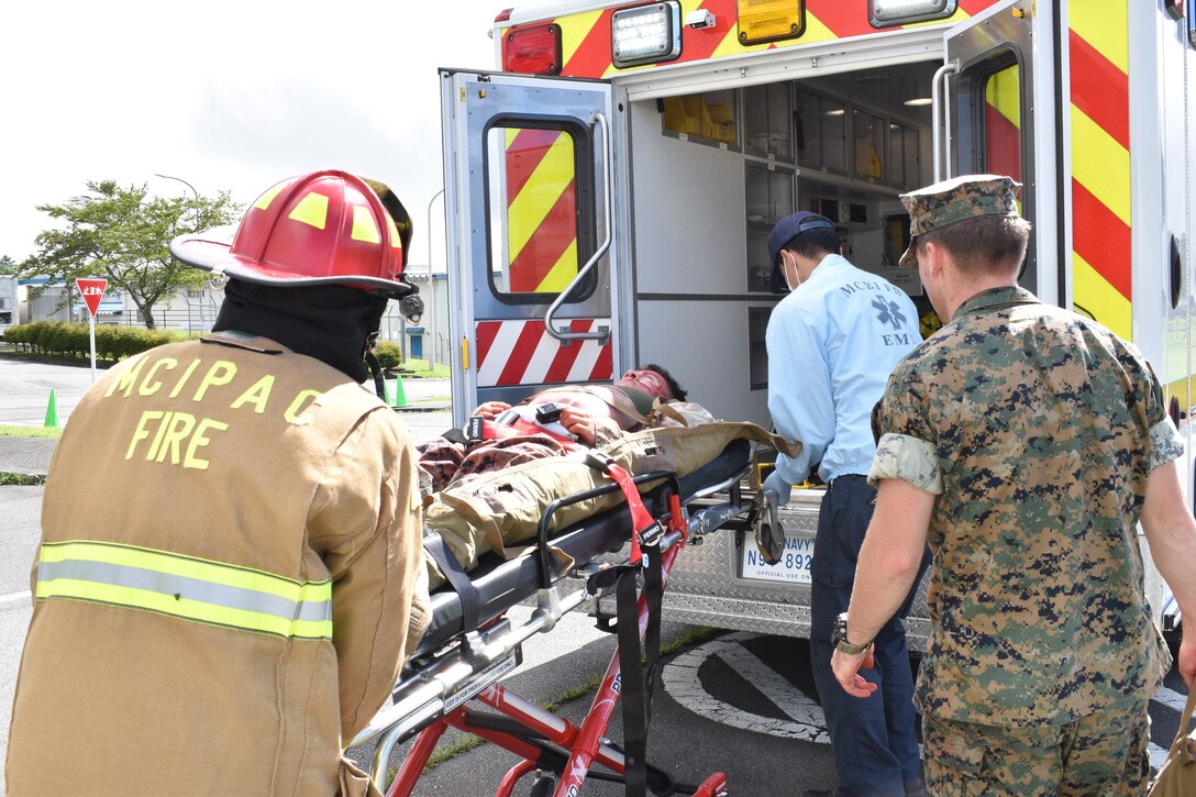Several key members of Combined Arms Training Center, Camp Fuji, were tested on their response capabilities during Exercise Mamoru, August 17, 2023. The mass casualty exercise was designed to see how Marines and base first responders could potentially help and evacuate wounded individuals at the small installation. Mamoru is a Japanese word, it means - to protect.  (U.S. Marine Corps photo by Song Jordan)