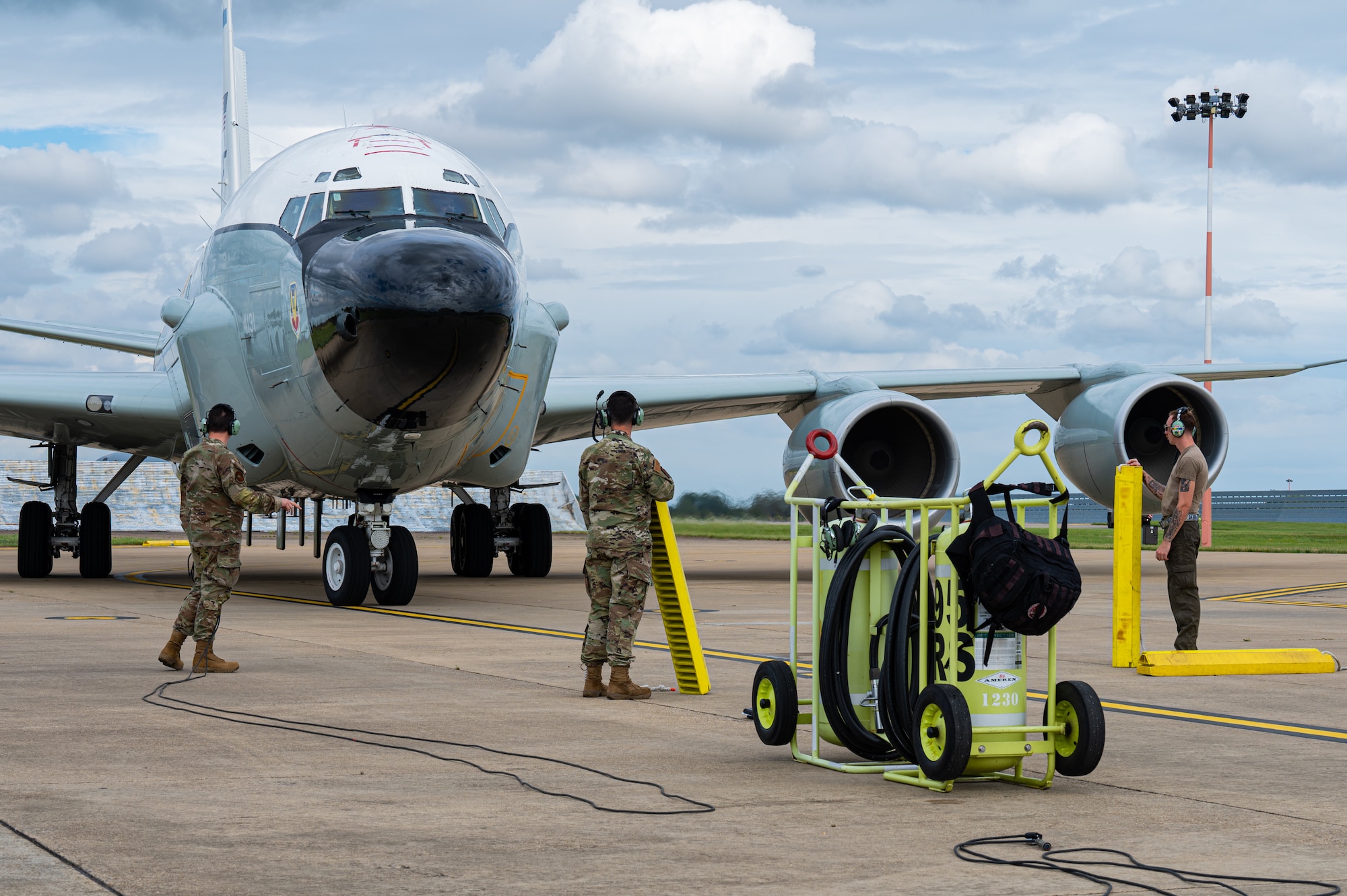A U.S. Air Force RC-135 Rivet Joint aircraft, assigned to the 95th Reconnaissance Squadron, taxis on the flightline to begin the first hot-pit refueling mission for the airframe at Royal Air Force Mildenhall, England, Aug. 14, 2023.