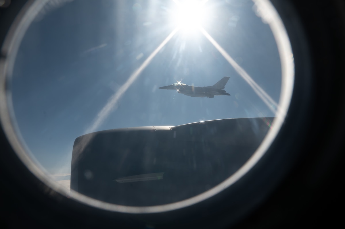 An aircraft flying during Red Flag-Alaska 23-3.