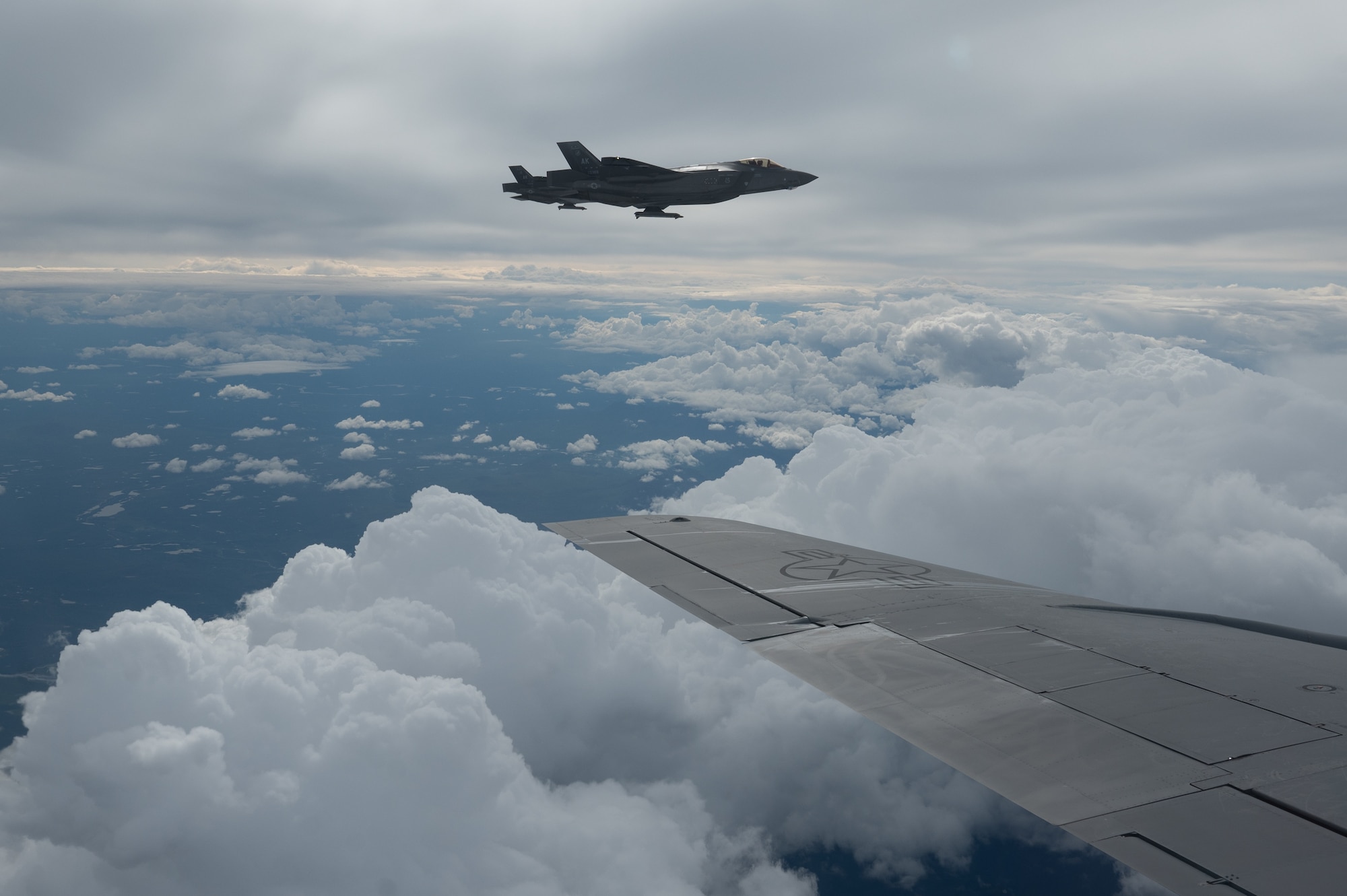 U.S. Air Force F-35A Lightning IIs assigned to the 356th Fighter Squadron at Eielson Air Force Base, awaits refueling from a KC-135 Stratotanker assigned to the 168th Air Refueling Squadron over the Joint Pacific-Alaska Range Complex during Red Flag-Alaska 23-3, Aug. 15, 2023.