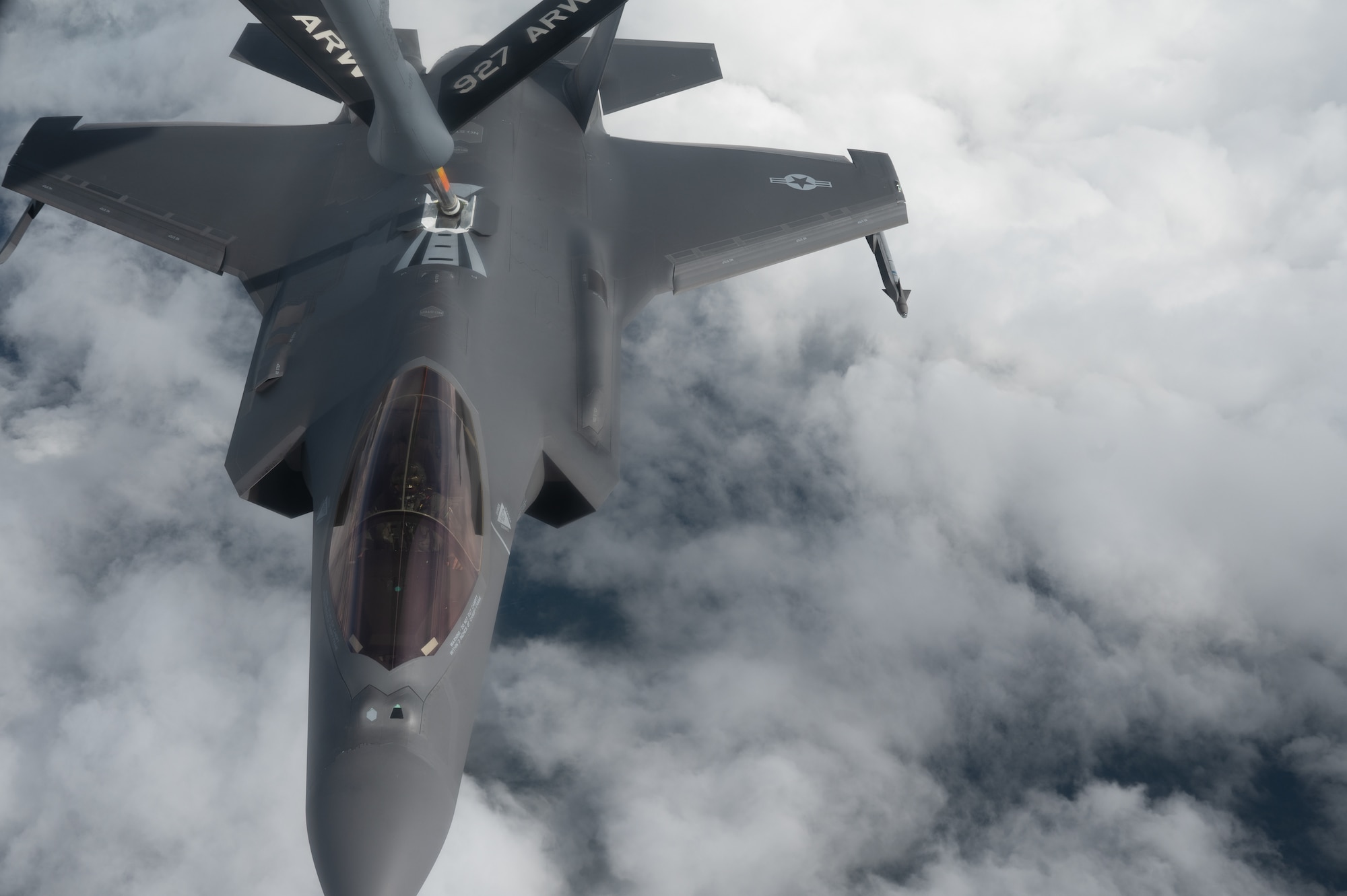 A U.S. Air Force F-35A Lightning II assigned to the 356th Fighter Squadron at Eielson Air Force Base, receives fuel from a KC-135 Stratotanker assigned to the 168th Air Refueling Squadron over the Joint Pacific-Alaska Range Complex during Red Flag-Alaska 23-3, Aug. 15, 2023.