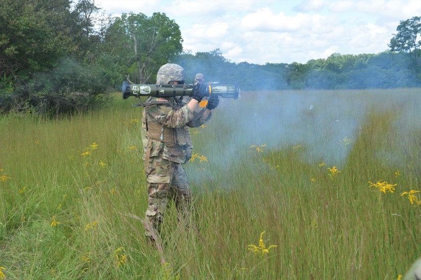 U.S. Soldiers with Alpha Company, 1st Battalion, 110th Infantry Regiment, 2nd Infantry Brigade Combat Team, 28th Infantry Division fire an AT4 anti-tank weapon during training Aug. 16, 2023, at Fort Indiantown Gap, Pa. (Pennsylvania National Guard photo by Brad Rhen)