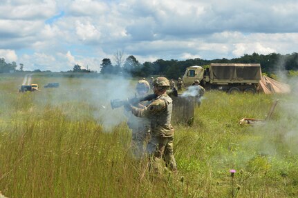 U.S. Soldiers with Alpha Company, 1st Battalion, 110th Infantry Regiment, 2nd Infantry Brigade Combat Team, 28th Infantry Division fire an AT4 anti-tank weapon during training Aug. 16, 2023, at Fort Indiantown Gap, Pa. (Pennsylvania National Guard photo by Brad Rhen)