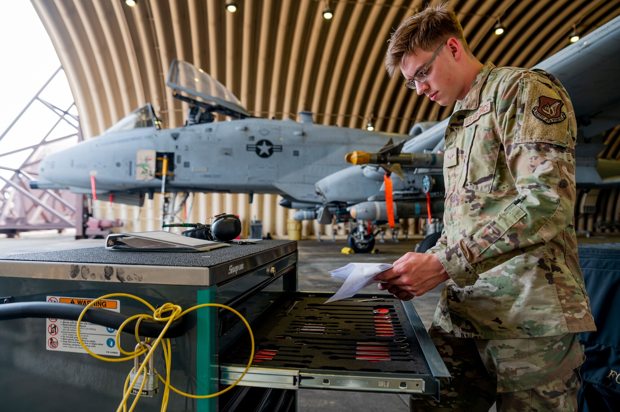 U.S. Air Force Airman 1st Class Josiah Bradbury, 25th Fighter Generation Squadron support technician, conducts a tool box check at Osan Air Base, Republic of Korea, Aug. 16, 2023.
