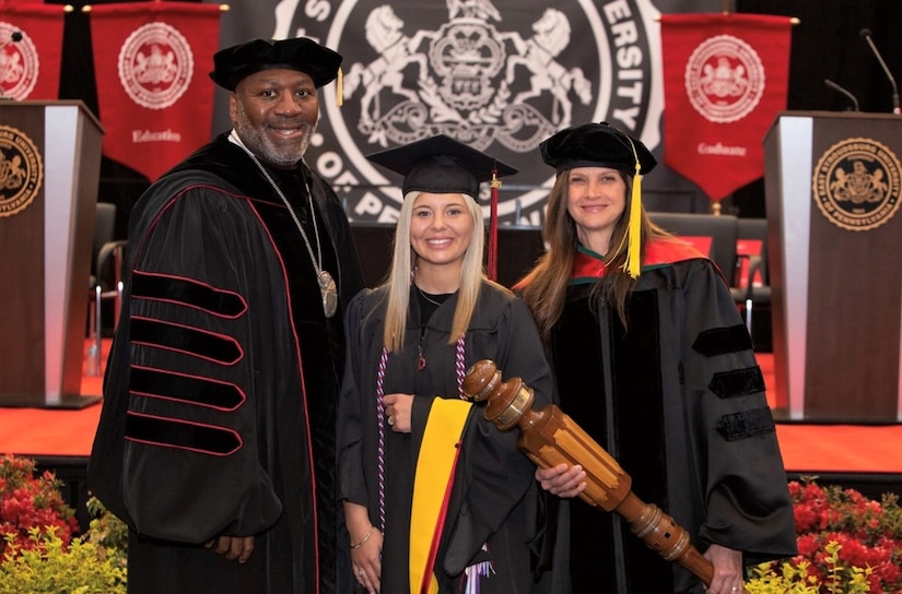 U.S. Army 1st Lt. Mickayla Grow, assigned to the 108th Area Support Medical Company, 213th Regional Support Group, speaks at the East Stroudsburg University graduate commencement ceremony, May 5, 2023. (Courtesy Photo)