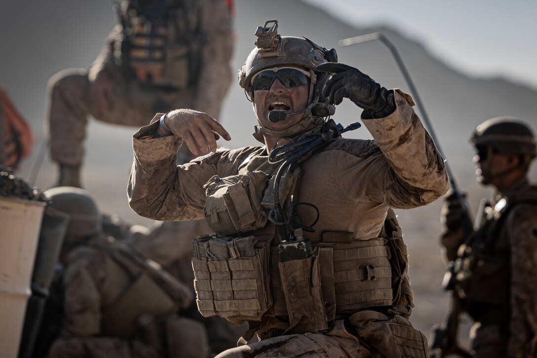 A U.S. Marine with 2d Battalion, 8th Marine Regiment, 2d Marine Division participates in a company live-fire range as part of a Service Level Training Exercise (SLTE) on Marine Corps Air-Ground Combat Center, Twentynine Palms, California, August 2, 2023. The SLTE is a series of exercises designed to prepare Marines for future operations around the globe and to enhance the combat readiness for all elements of the Marine Air Ground Task Force. (U.S. Marine Corps photo by Lance. Joshua Kumakaw)