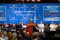 Ship Sponsor Mimi Donnelly addresses the audience at the keel laying. August 17, 2023.