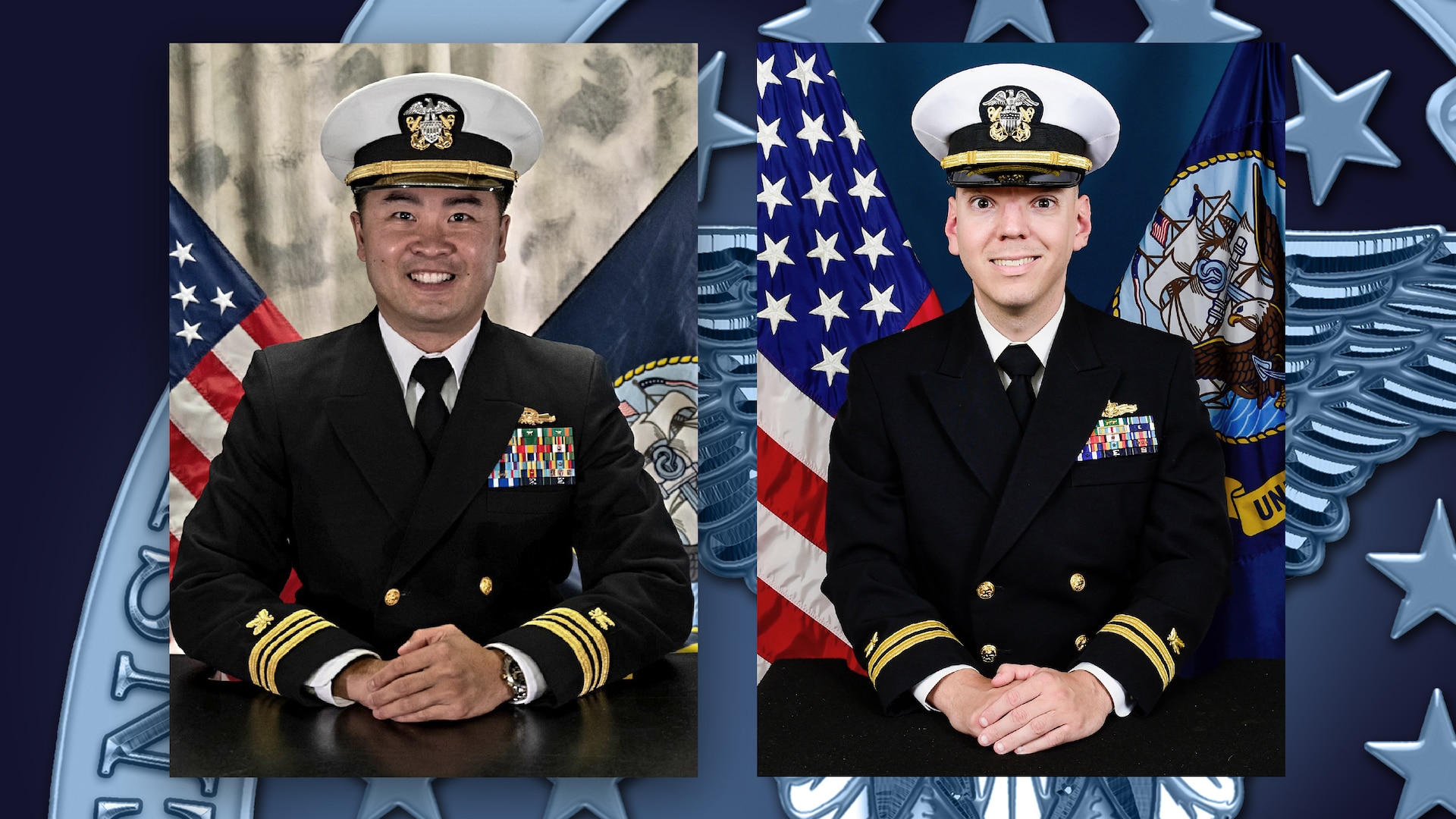Two Navy reservist officers are pictured side by side.