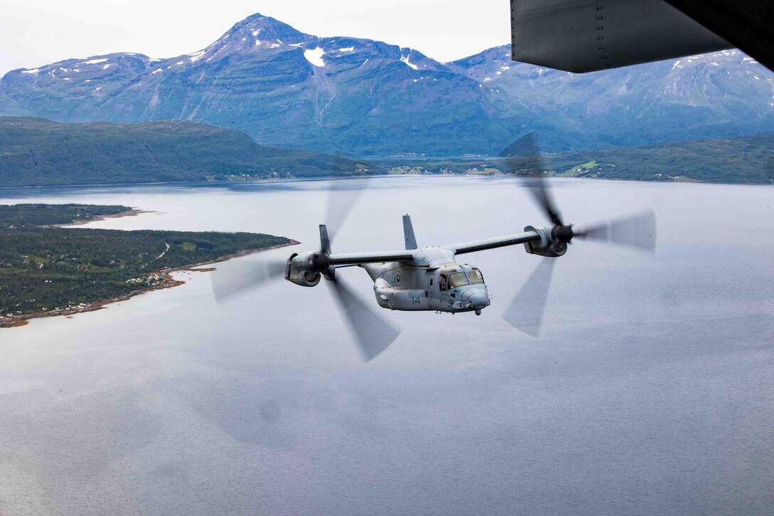 A U.S Marine Corps MV-22 Osprey, assigned to the 26th Marine Expeditionary Unit (Special Operations Capable) Bravo Command Element, conducts flight operations in Bardufoss, Norway, Aug. 7, 2023. The USS Mesa Verde (LPD-19), assigned to the Bataan Amphibious Ready Group and embarked 26th Marine Expeditionary Unit (Special Operations Capable), under the command and control of Task Force 61/2, is on a scheduled deployment in the U.S Naval Forces Europe area of operations, employed by U.S. Sixth Fleet to defend U.S, allies and partner interests. (U.S. Marine Corps photo by Cpl. Aziza Kamuhanda)
