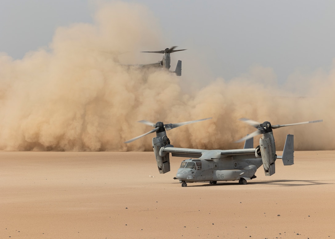 A U.S. Marine Corps MV-22 Osprey, attached to the 26th Marine Expeditionary Unit’s (MEU) Marine Medium Tiltrotor Squadron (VMM) 162 (Reinforced), prepares for takeoff during a unit level training exercise in Djibouti, Aug. 8, 2023. While in Djibouti the 26th MEU’s Aviation Combat Element conducted reduced visibility landings, low altitude tactics, and air-to-air refueling to further advance aircrew training and proficiency. (U.S. Marine Corps photo by Sgt. Matthew Romonoyske-Bean)