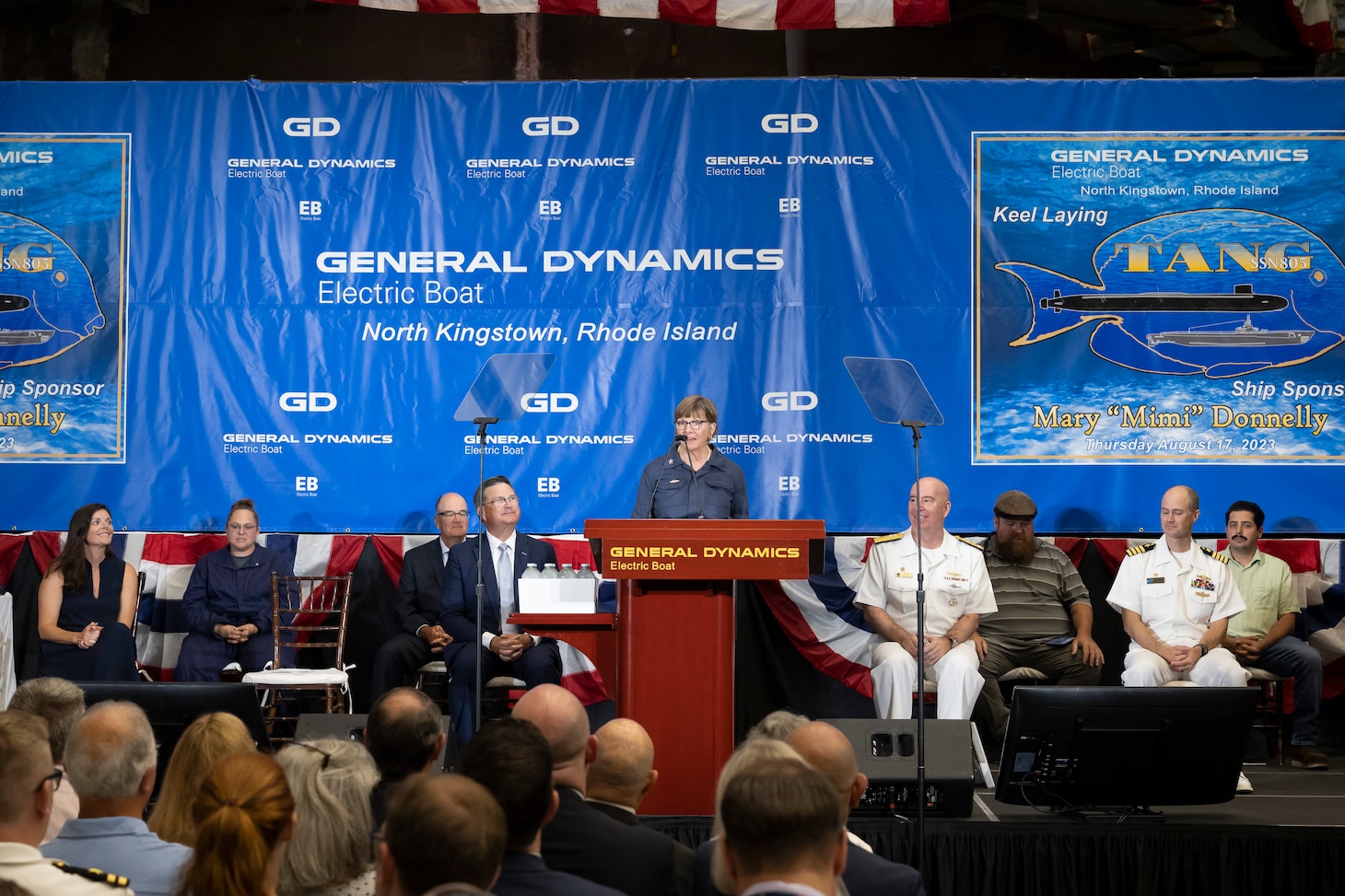 Ship Sponsor Mimi Donnelly addresses the audience at the keel laying. August 17, 2023.