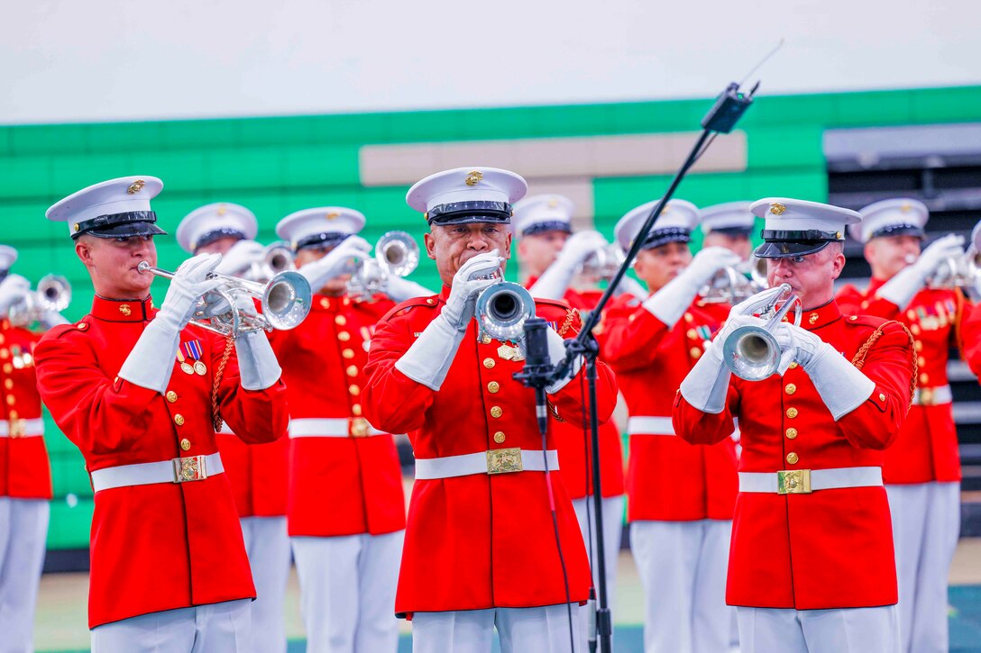 Marines play instruments in front of a microphone.