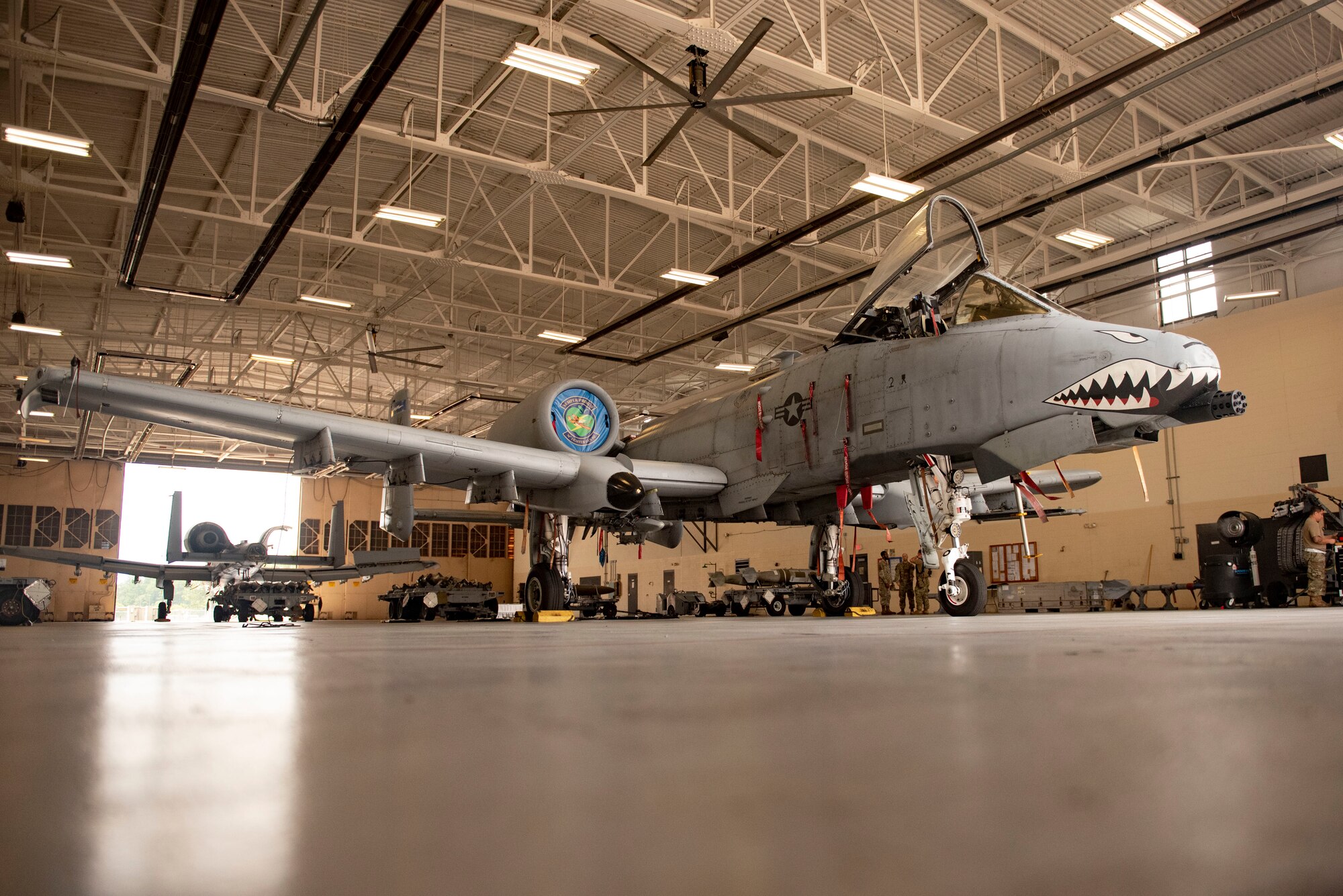 An A-10C Thunderbolt II prepares for a training weapons load at Moody Air Force Base, Georgia, August 15, 2023. All incoming 23rd Fighter Group weapons Airmen attend a six-day initial certification course which certifies them to inspect, prepare, and load munitions onto an A-10C Thunderbolt II aircraft. (U.S. Air Force photo by Staff Sgt. Thomas Johns)