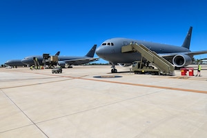 Royal Australian Air Force and 92nd Expeditionary Wing personnel prepare to get multiple KC-46 Pegasus airborne for Mobility Guardian 23 in Darwin, Australia, on July 9, 2023. A multinational endeavor, MG23 featured seven participating countries – Australia, Canada, France, Japan, New Zealand, the United Kingdom, and the United States – operating nearly 70 mobility aircraft across multiple locations spanning a 3,000-mile area in the Indo-Pacific. (U.S. Air Force photo by Airman 1st Class Haiden Morris)