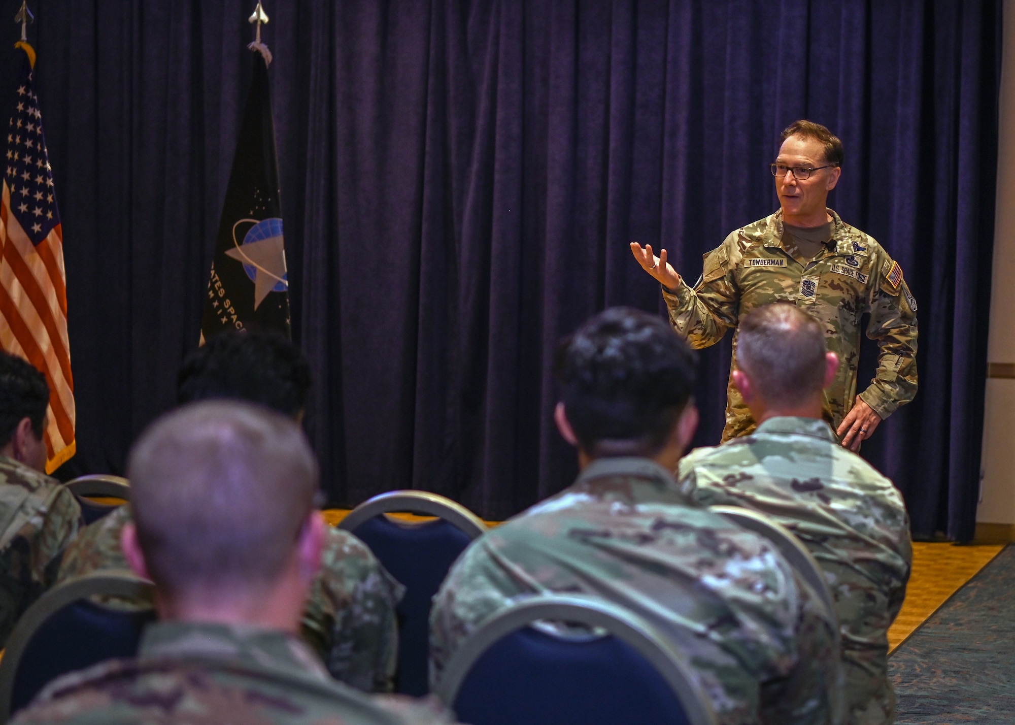 Chief Master Sgt. of the Space Force Roger A. Towberman speaks to the Guardians and Airmen at Vandenberg Space Force Base, Calif., Aug. 14, 2023.